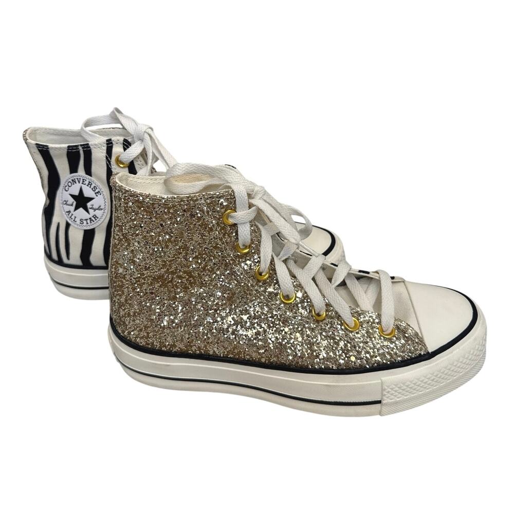 Converse Chuck Taylor All Star Lift Platform HighTop Sneakers Gold Glitter Zebra - Picture 4 of 10